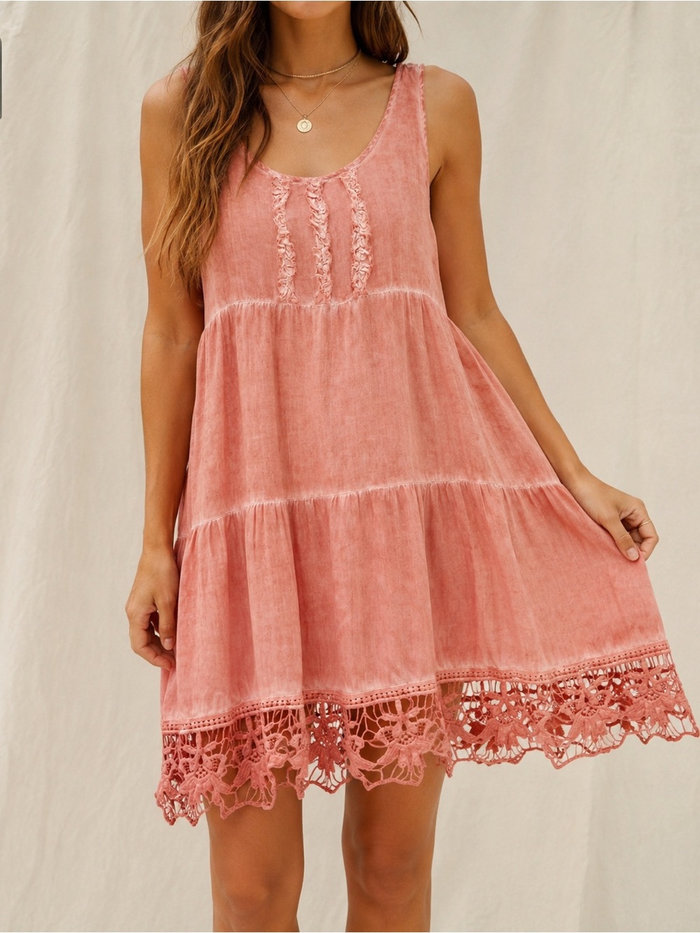 NWT Sea Gypsies Oleander Dress Sz Small Coral Pink Boho Crochet Hem Tiered Mini